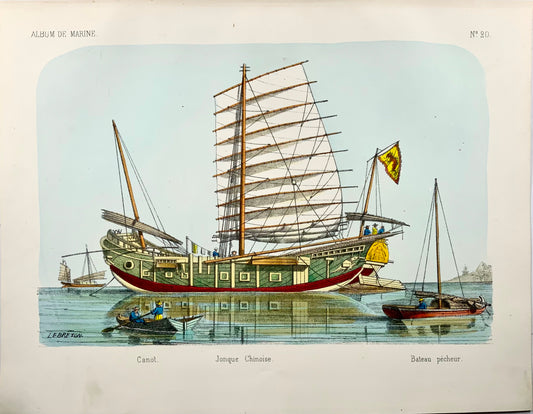 1860 c. L. Lebreton, Chinese Junk Ship, folio stone lithograph, hand colour