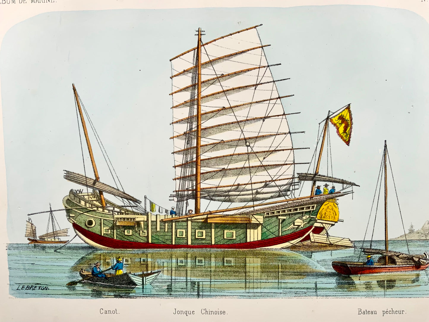 1860 c. L. Lebreton, Chinese Junk Ship, folio stone lithograph, hand colour